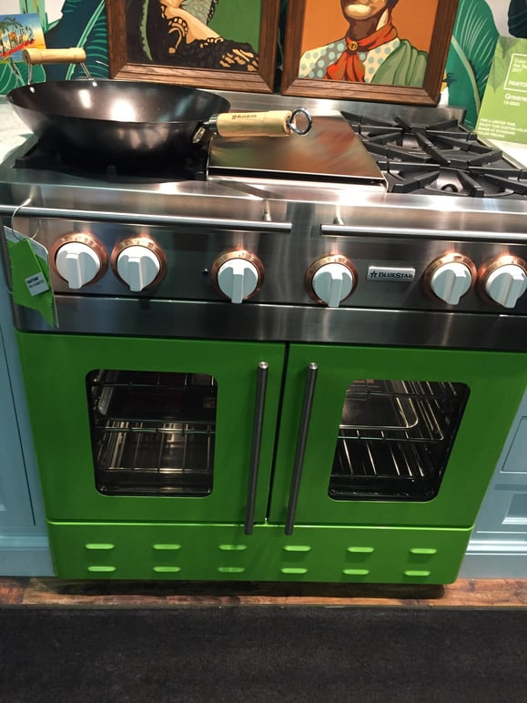 Appliance shown: Professional green color BlueStar range. 