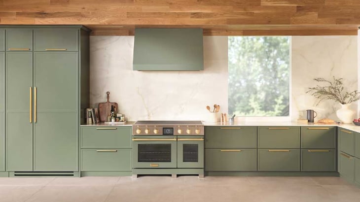 BlueStar-48-Inch-Induction-Range-in-Green-with-Gold-Hardware-Installed-in-a-Kitchen