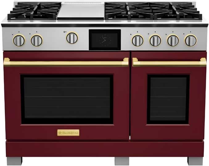 BlueStar-Range-in-Red-with-Brass-Trim