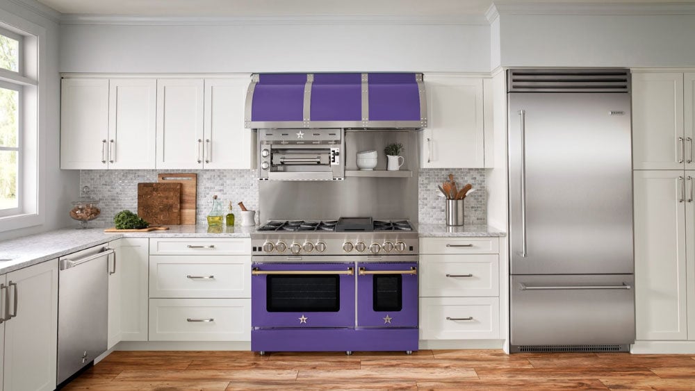 BlueStar-professional-range-in-purple-with-matching-range-hood-