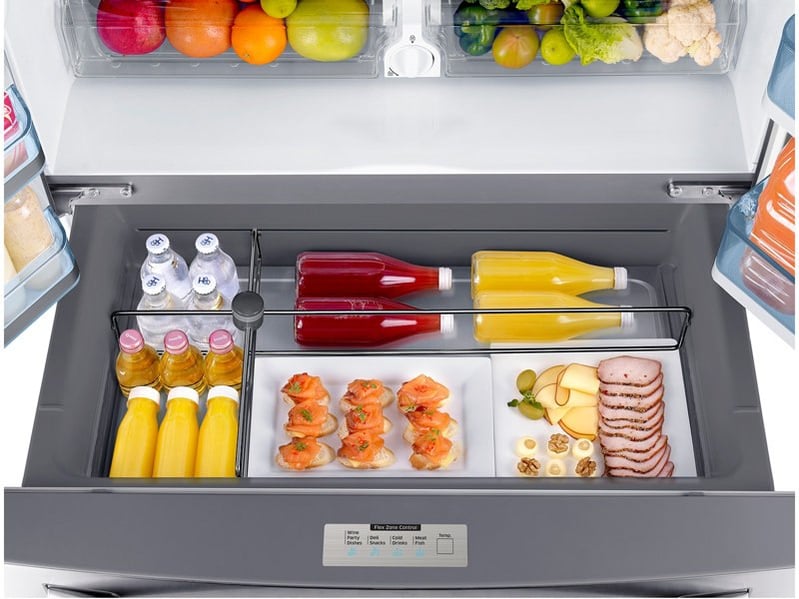 Samsung Counter Depth French Door Refrigerator RF22KREDBSR_Top_View_Flex_Zone_Drawer-Open