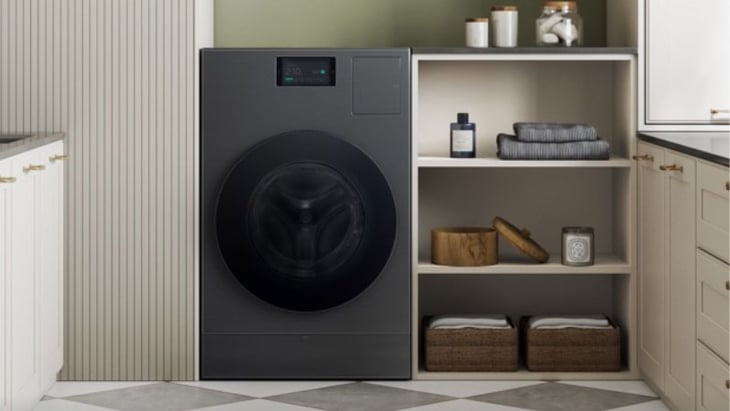 Samsung all-in-one front-load washer-dryer unit in a modern laundry nook
