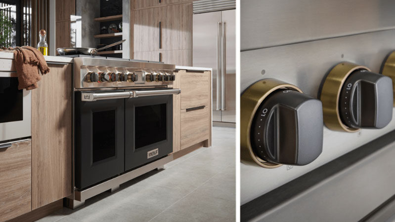 Wolf-Dual-Fuel-Range-with-black-knobs-and-finish