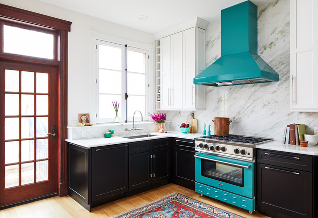 Black Viking Range with White Cabinets - Transitional - Kitchen